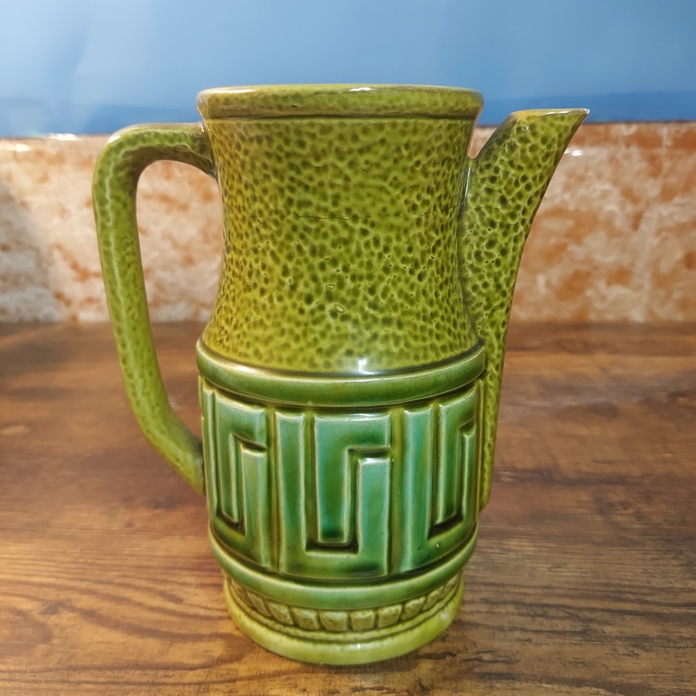 Vintage Avocado Green Ceramic Pitcher Greek Key MCM Textured Pottery 6.5x6in